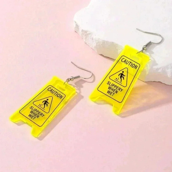 Funny yellow sign caution earrings jewelry fashion women's silver dangle plated - Picture 2 of 4